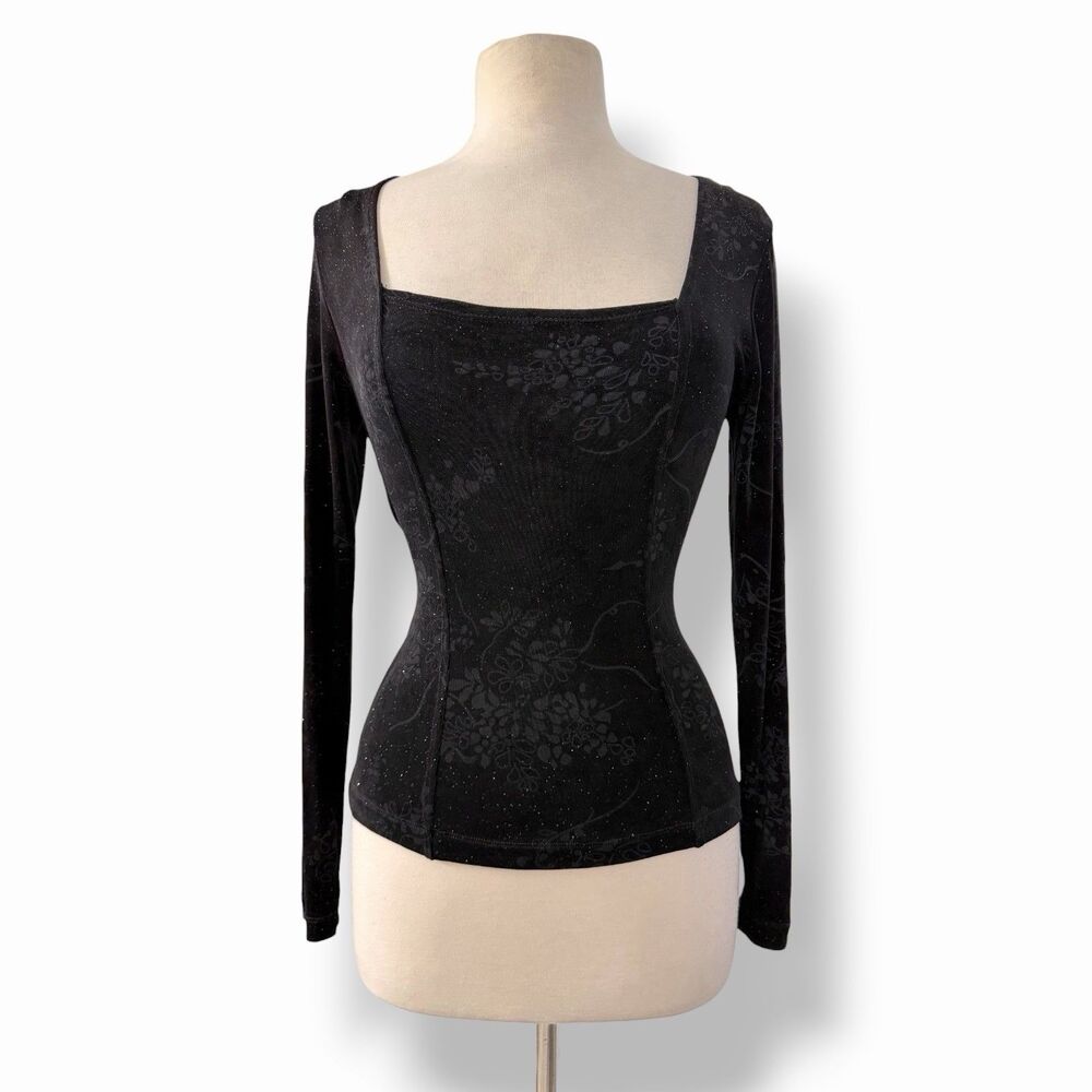 Vintage Y2K Slinky Glitter Flocked Floral Square Neck Whimsigoth Top Medium